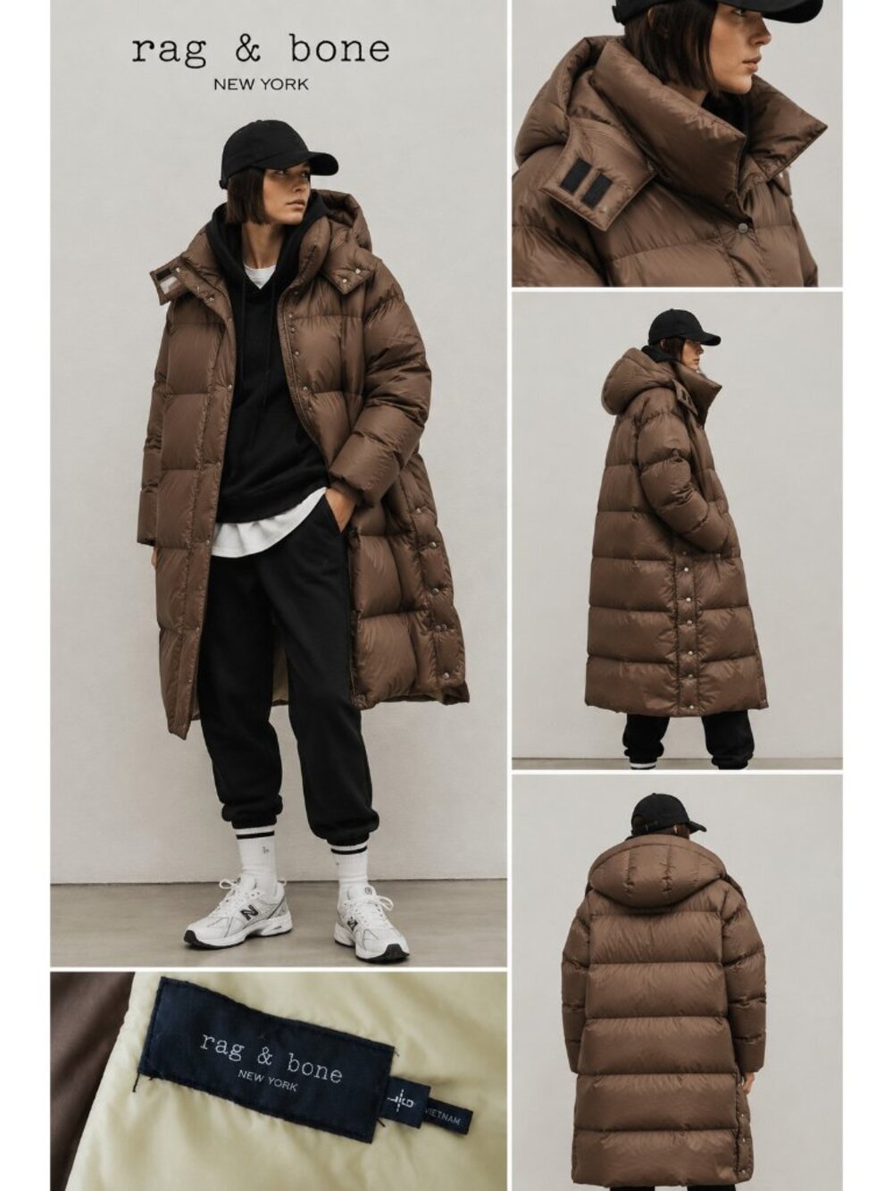 Rag & Bone Long Brown Hooded Down Puffer Coat Size L Duck Down Oversized